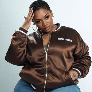 Forever 21 Brooklyn New York Satin Bomber Jacket Brown/White